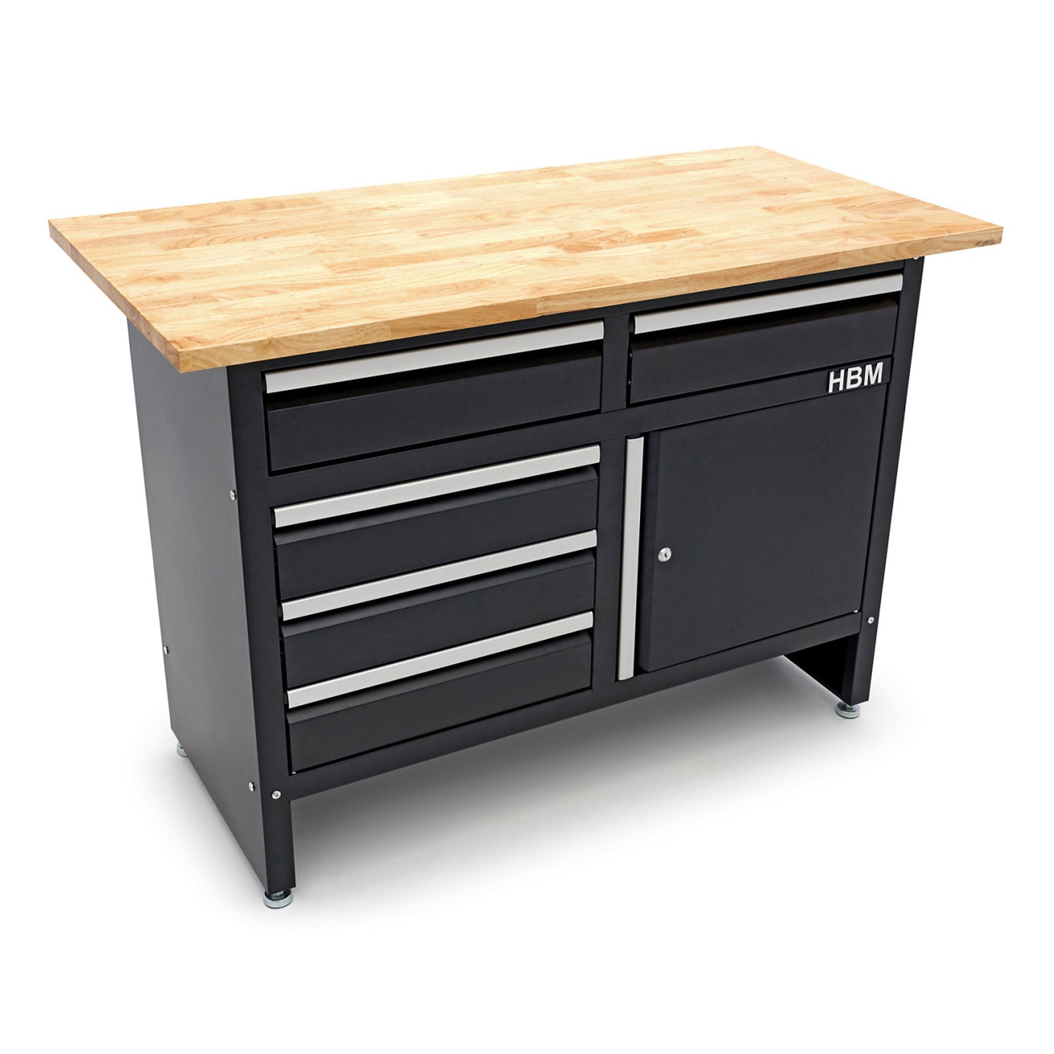 Banc de lucru metalic 120 cm cu 5 sertare 1 usa si blat din lemn masiv HBM