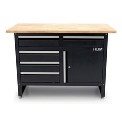 Banc de lucru metalic 120 cm cu 5 sertare 1 usa si blat din lemn masiv HBM