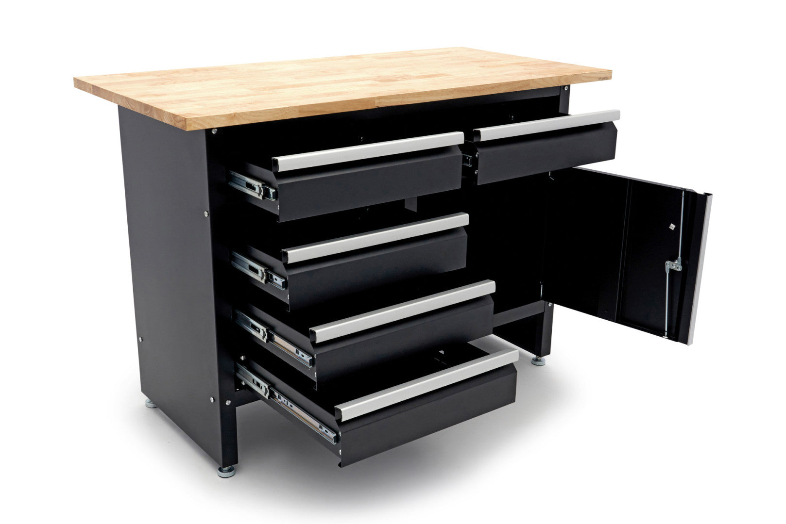 Banc de lucru metalic 120 cm cu 5 sertare 1 usa si blat din lemn masiv HBM