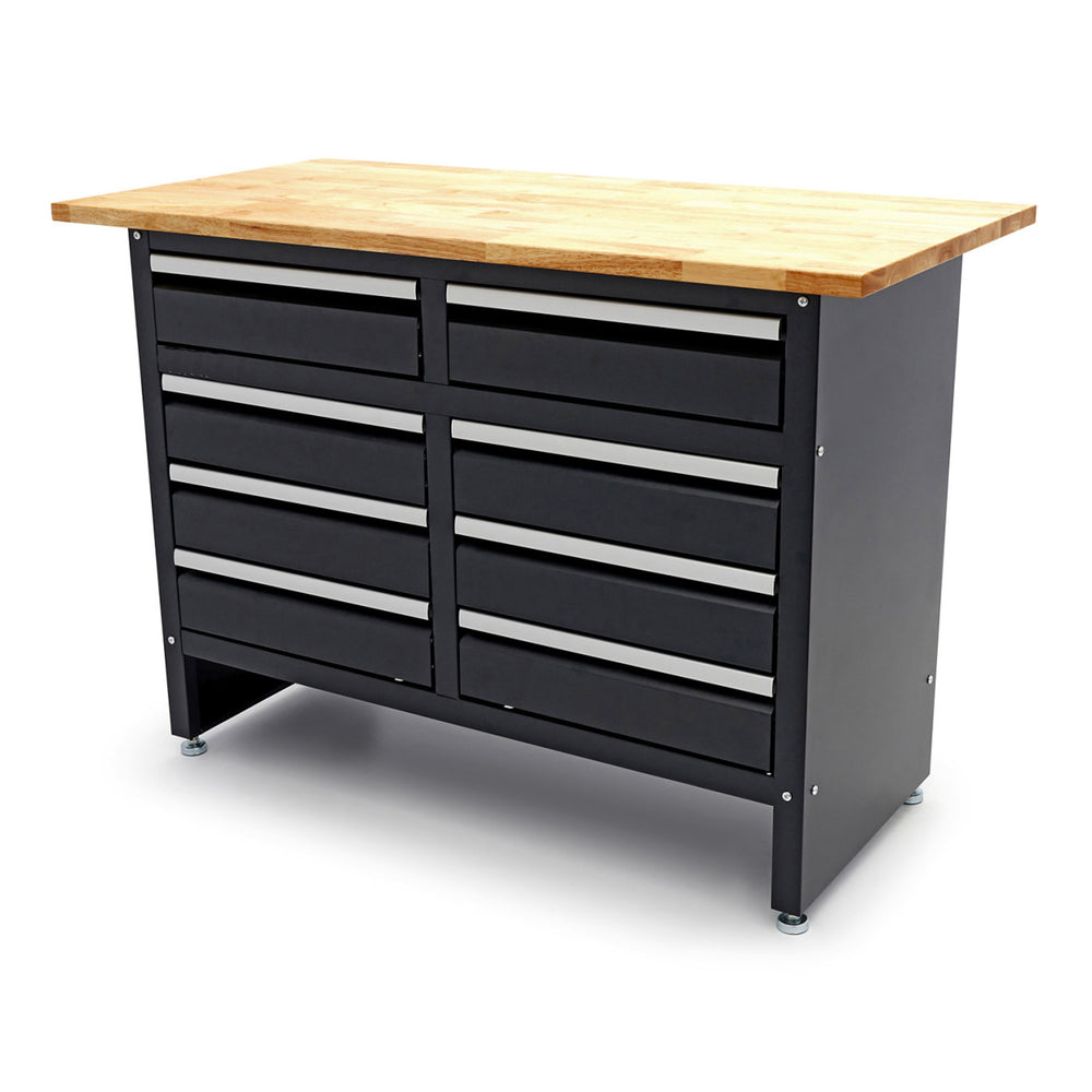 Banc de lucru metalic 120 cm cu 8 sertare si blat din lemn masiv