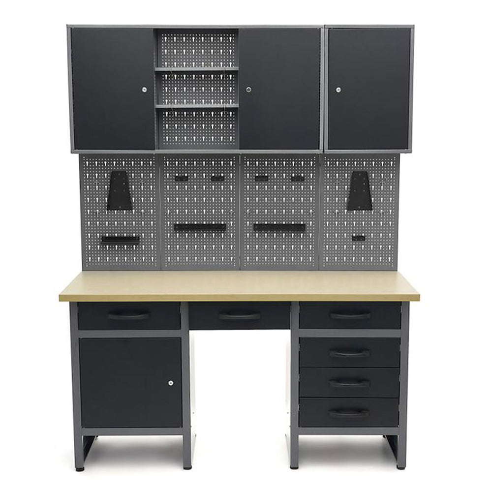 Banc de lucru metalic cu 6 sertare, panou scule si dulapuri 160cm HBM