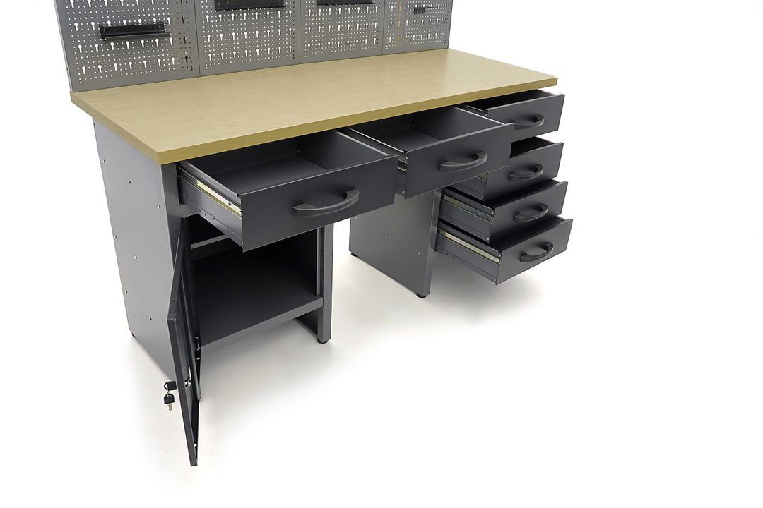 Banc de lucru metalic cu 6 sertare, panou scule si dulapuri 160cm HBM