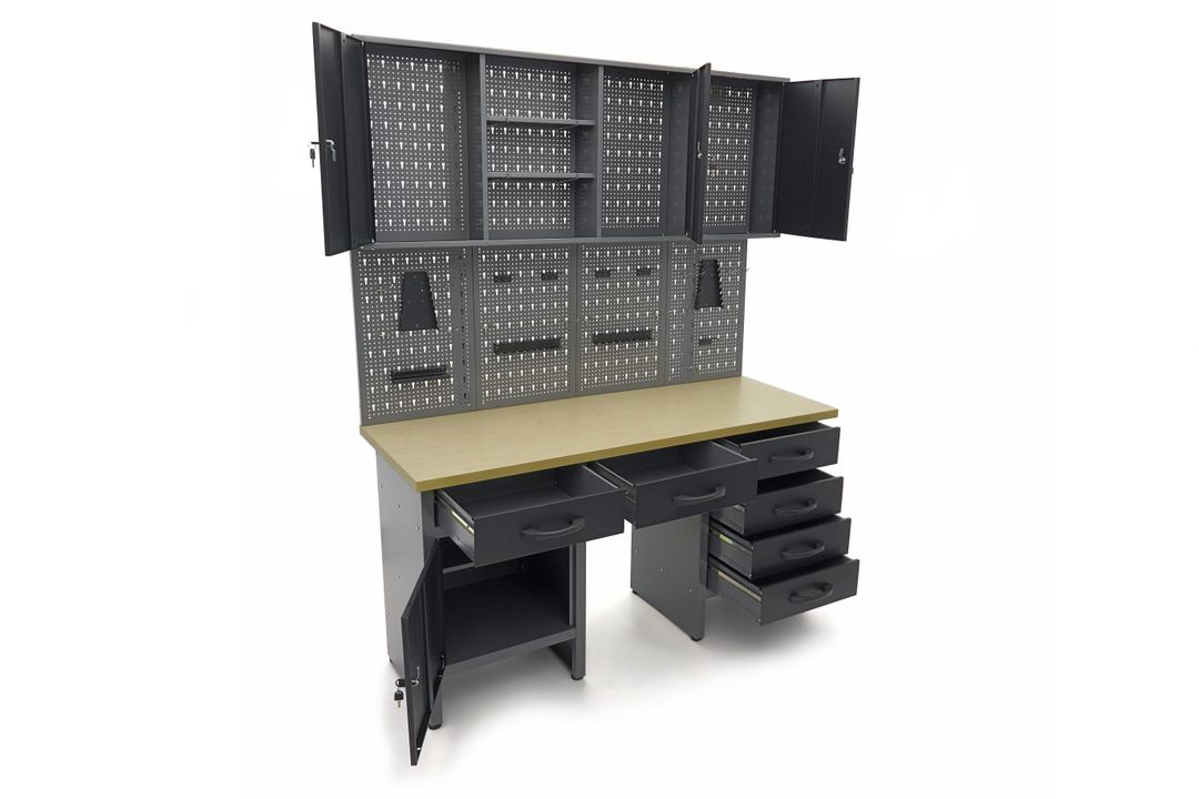 Banc de lucru metalic cu 6 sertare, panou scule si dulapuri 160cm HBM