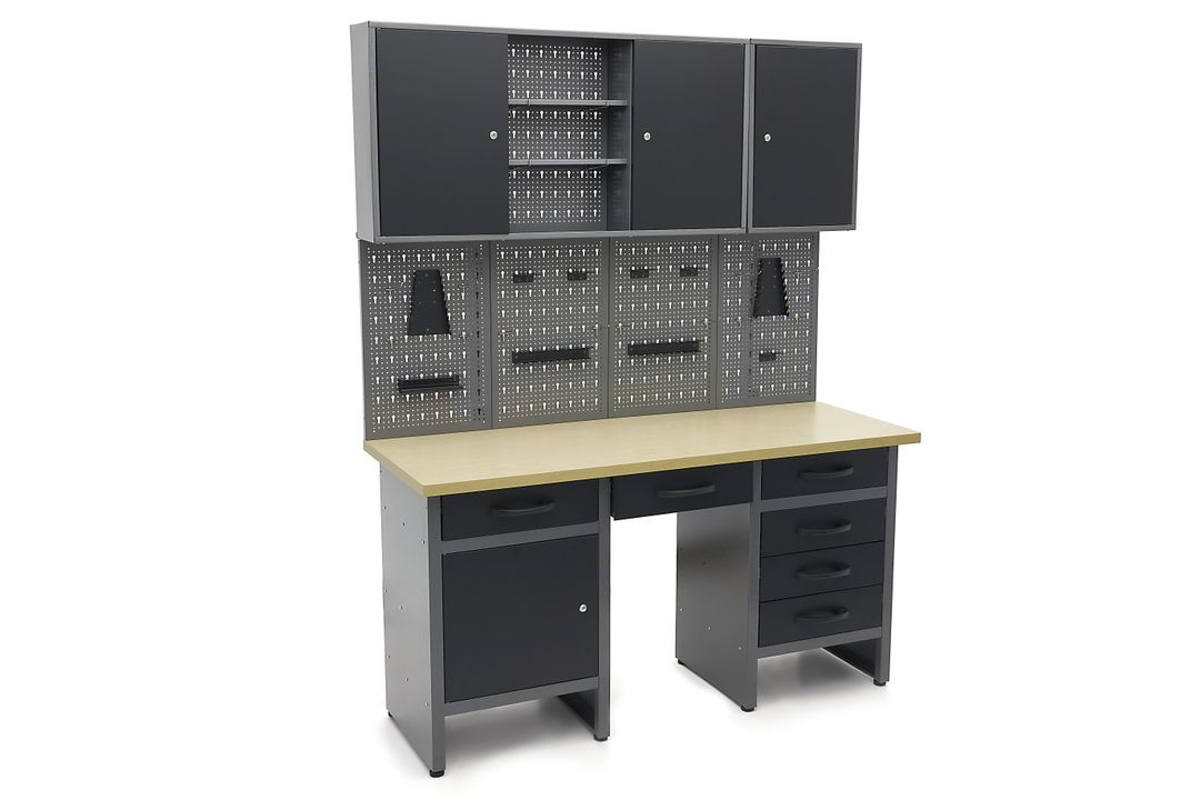 Banc de lucru metalic cu 6 sertare, panou scule si dulapuri 160cm HBM