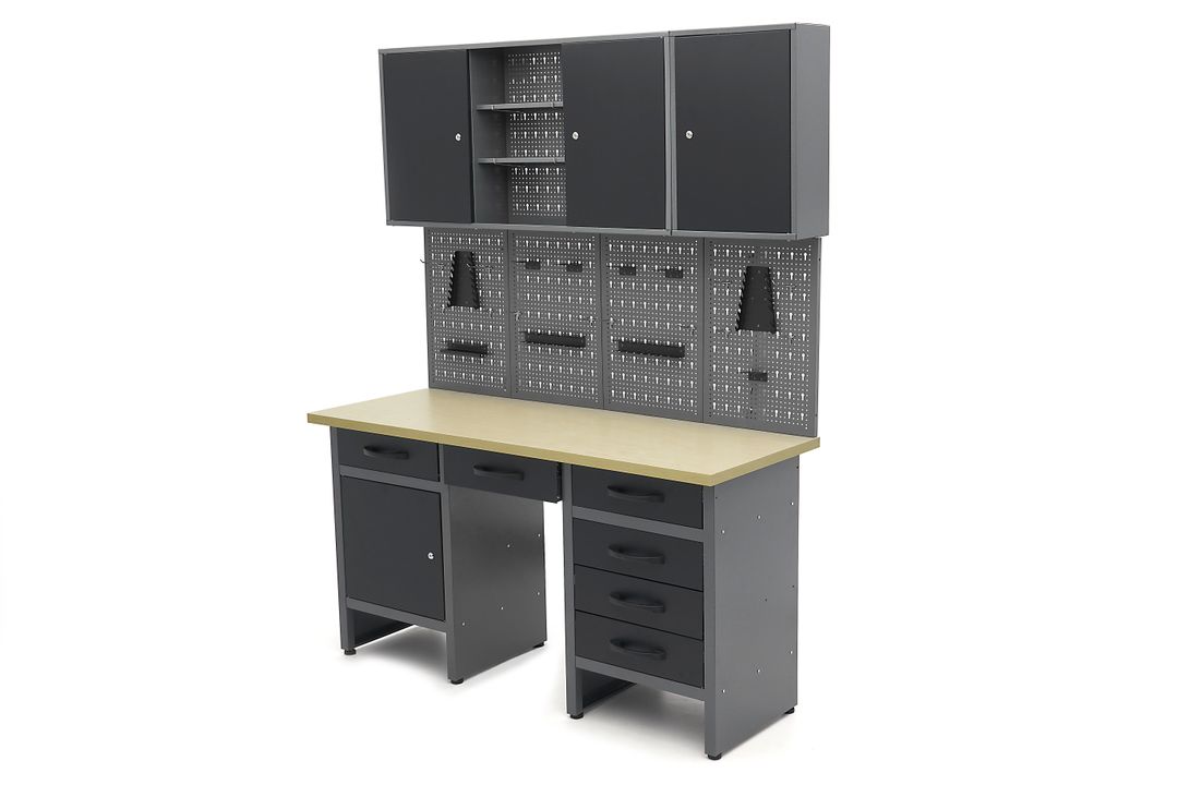 Banc de lucru metalic cu 6 sertare, panou scule si dulapuri 160cm HBM