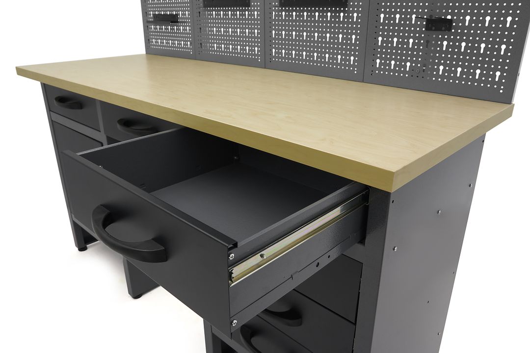 Banc de lucru metalic cu 6 sertare, panou scule si dulapuri 160cm HBM