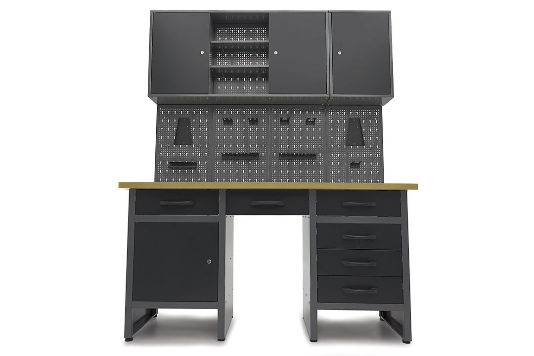Banc de lucru metalic cu 6 sertare, panou scule si dulapuri 160cm HBM