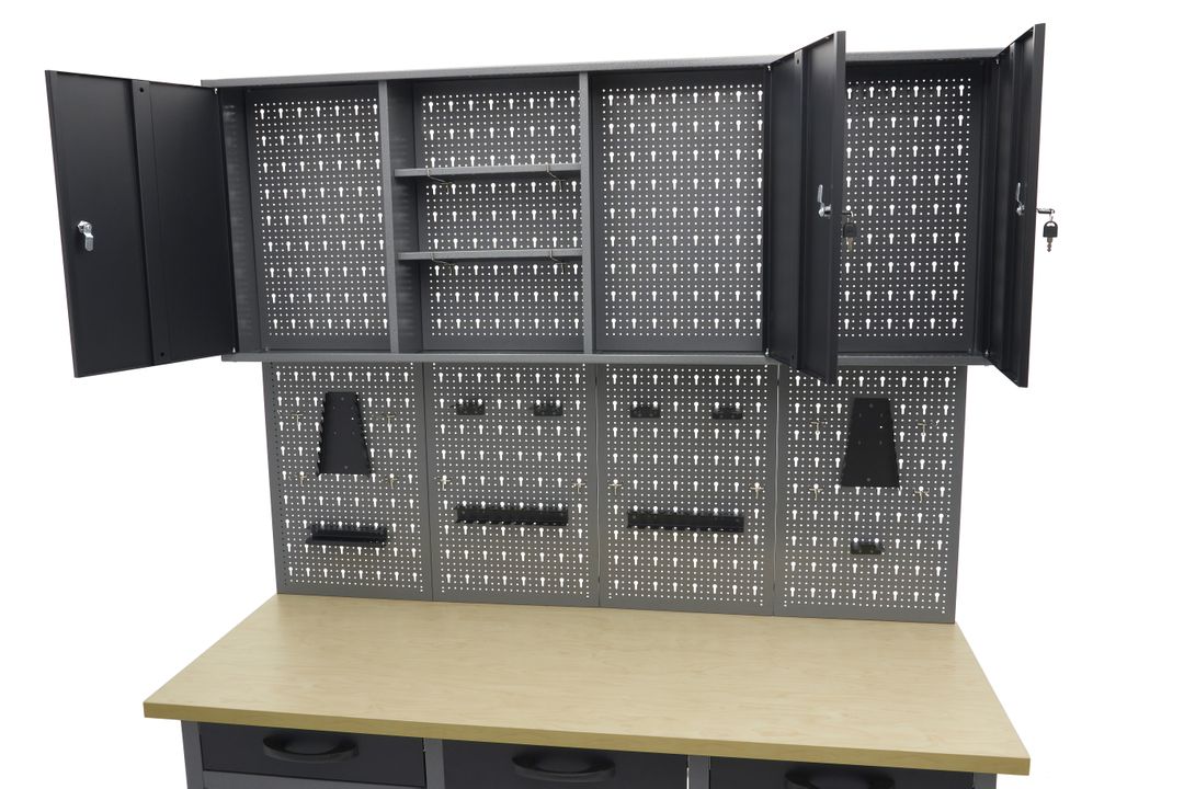 Banc de lucru metalic cu 6 sertare, panou scule si dulapuri 160cm HBM