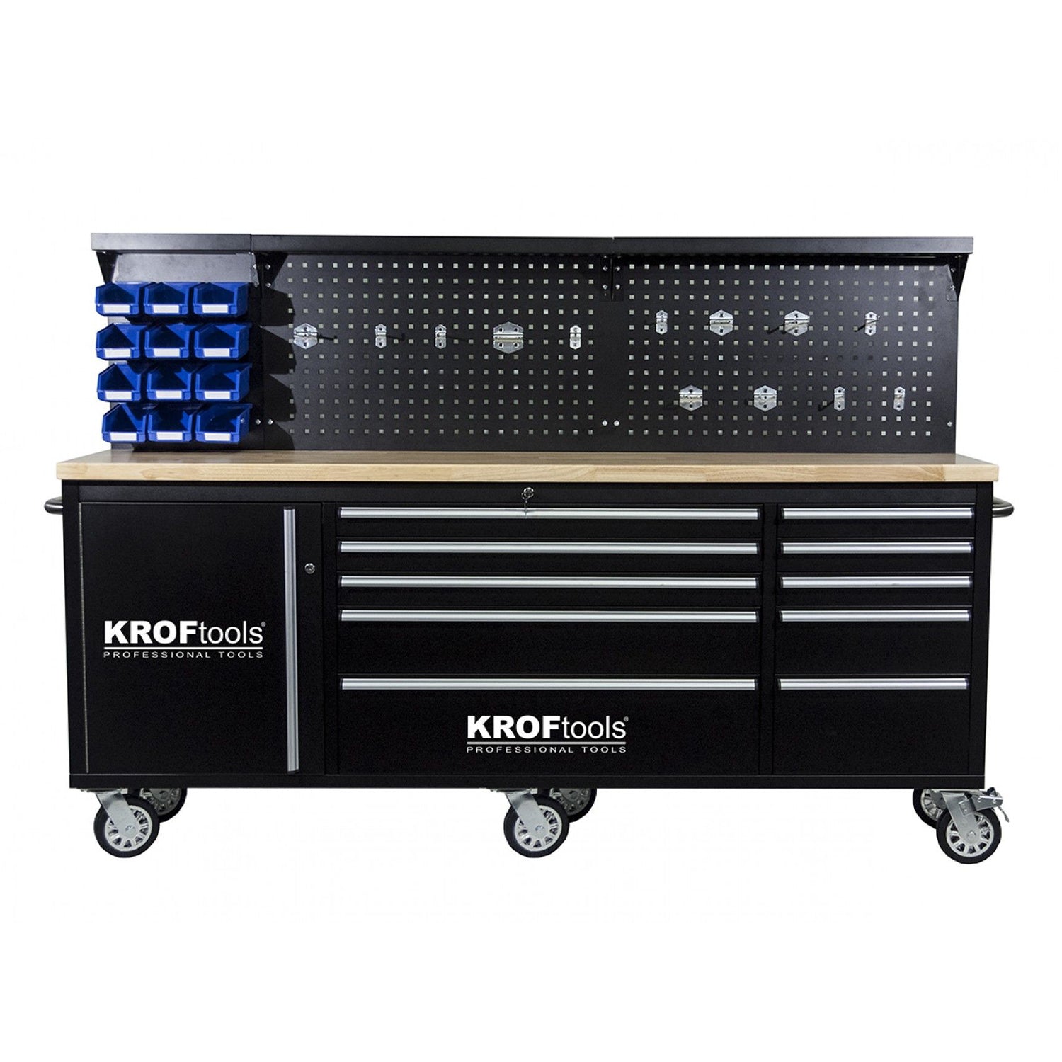 Banc de lucru metalic cu panou, 10 sertare, blat lemn masiv – 213 cm, KROFTOOLS profesional portugalia