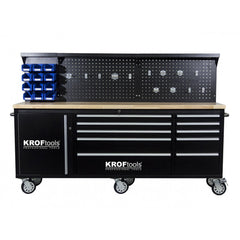 Banc de lucru metalic cu panou, 10 sertare, blat lemn masiv – 213 cm, KROFTOOLS profesional portugalia