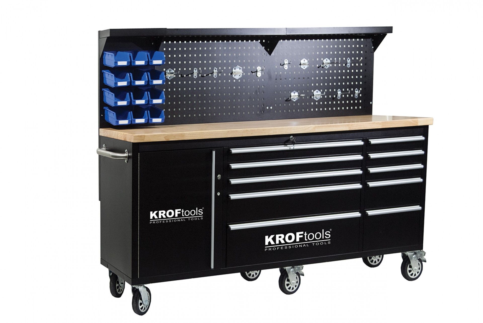 Banc de lucru metalic cu panou, 10 sertare, blat lemn masiv – 213 cm, KROFTOOLS profesional portugalia