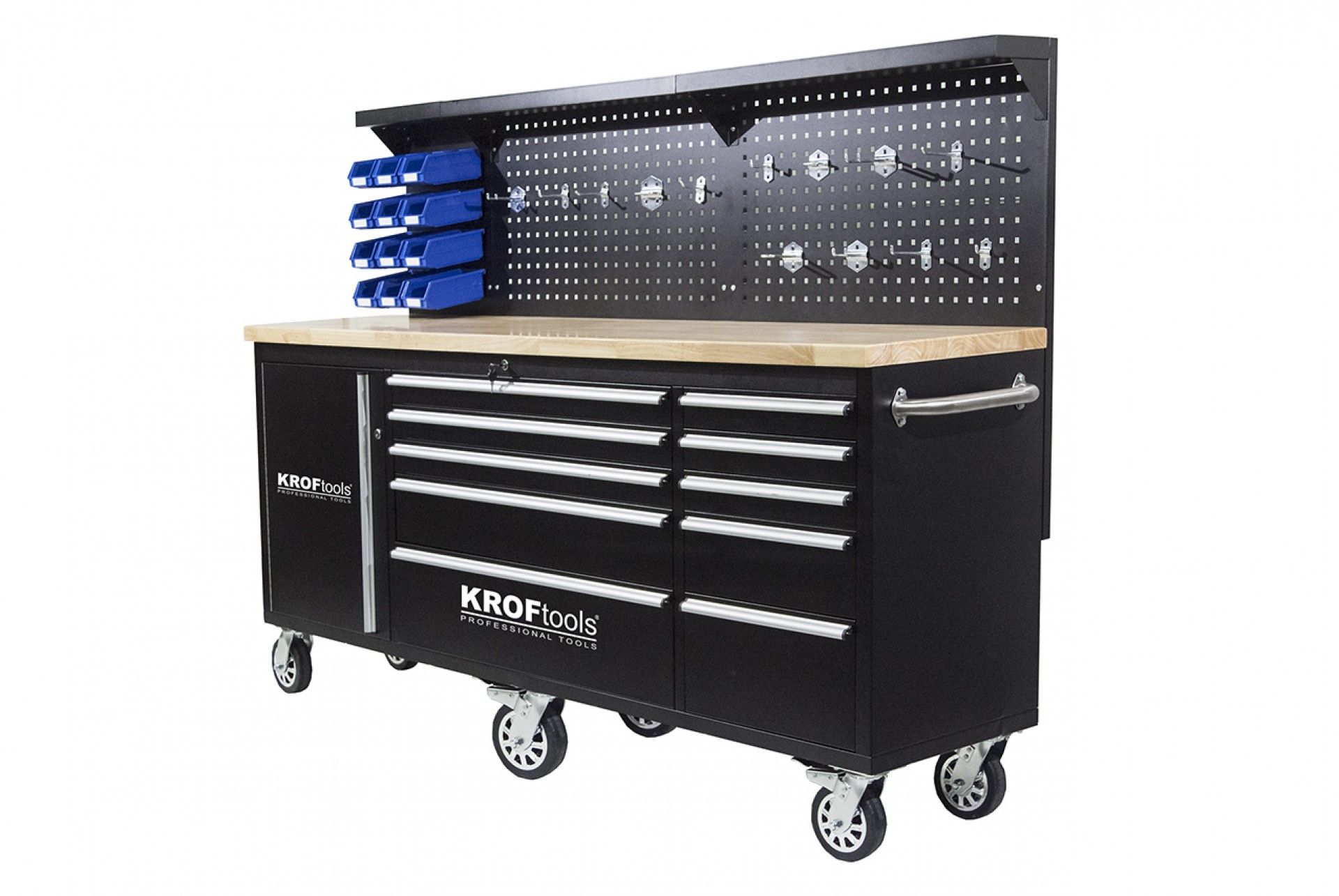 Banc de lucru metalic cu panou, 10 sertare, blat lemn masiv – 213 cm, KROFTOOLS profesional portugalia