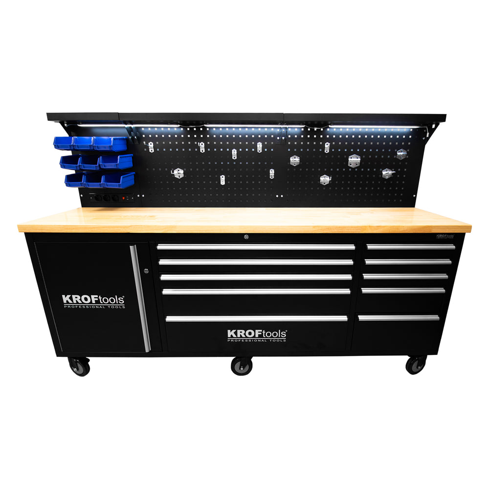 Banc de lucru metalic profesional 10 sertare, blat lemn masiv, panou iluminat LED, prize 230V, port USB , lungime 213 cm