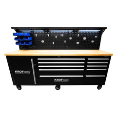 Banc de lucru metalic profesional 10 sertare, blat lemn masiv, panou iluminat LED, prize 230V, port USB , lungime 213 cm