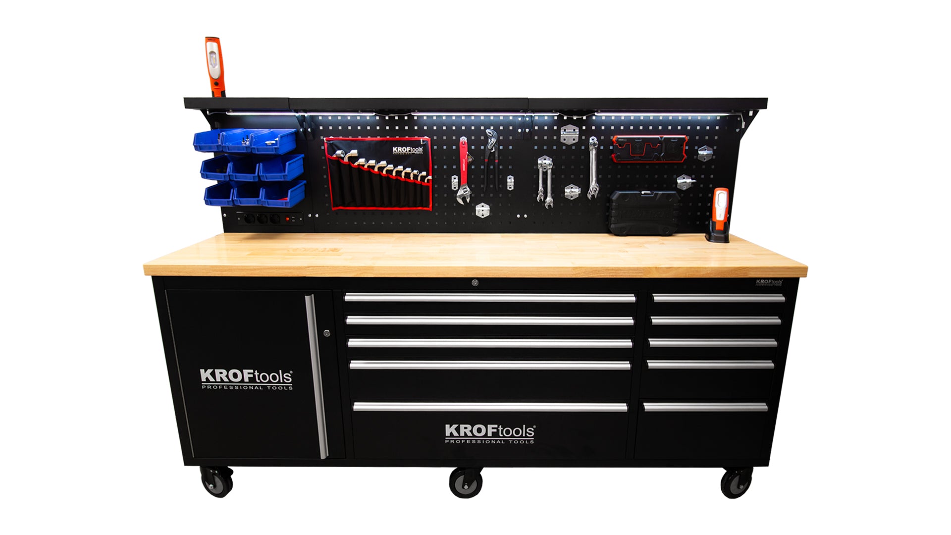 Banc de lucru metalic profesional 10 sertare, blat lemn masiv, panou iluminat LED, prize 230V, port USB , lungime 213 cm