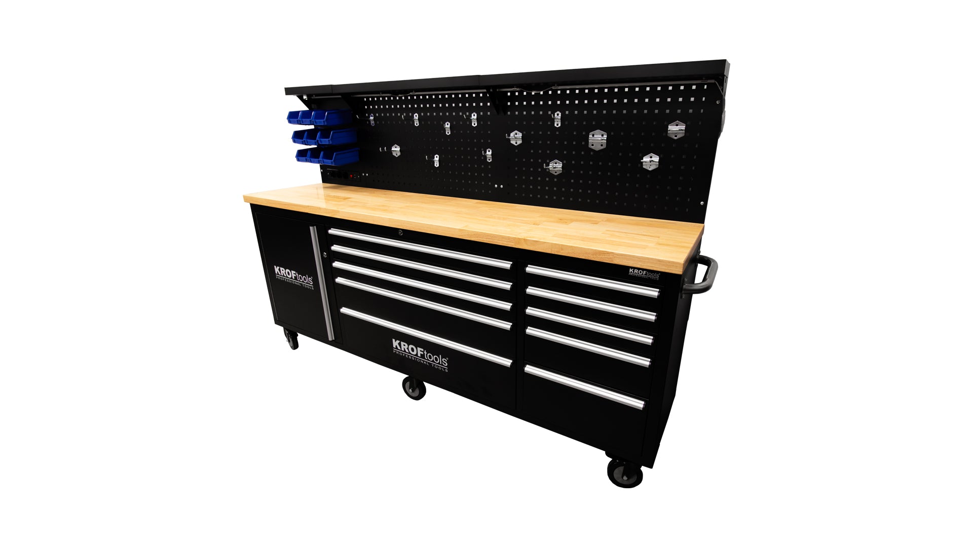 Banc de lucru metalic profesional 10 sertare, blat lemn masiv, panou iluminat LED, prize 230V, port USB , lungime 213 cm