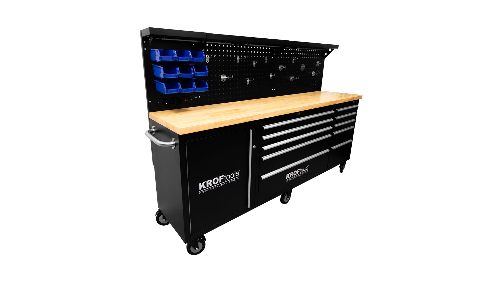 Banc de lucru metalic profesional 10 sertare, blat lemn masiv, panou iluminat LED, prize 230V, port USB , lungime 213 cm