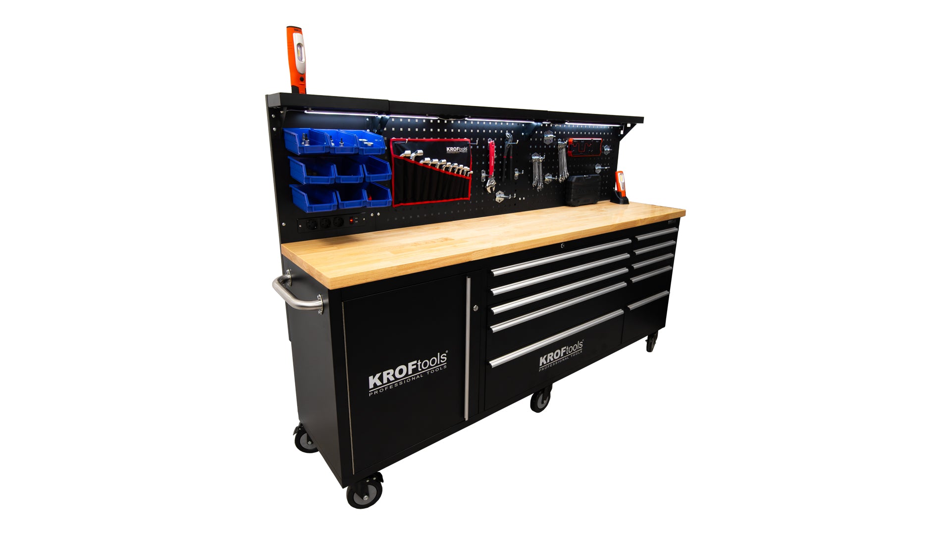 Banc de lucru metalic profesional 10 sertare, blat lemn masiv, panou iluminat LED, prize 230V, port USB , lungime 213 cm