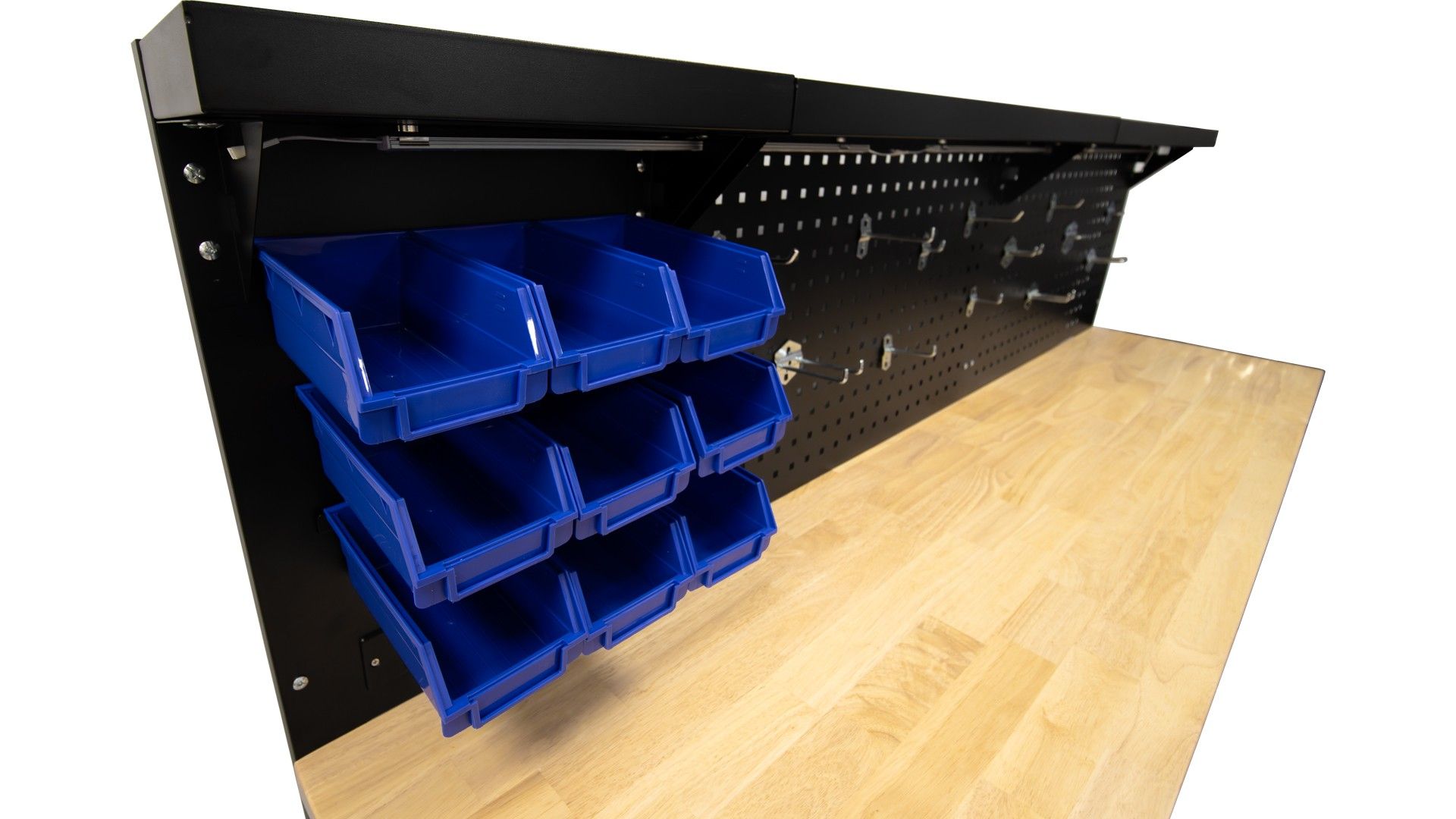 Banc de lucru metalic profesional 10 sertare, blat lemn masiv, panou iluminat LED, prize 230V, port USB , lungime 213 cm