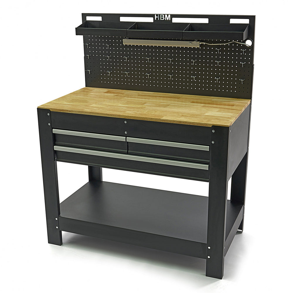 Banc de lucru metalic profesional 3 sertare, blat lemn masiv, panou iluminat LED, prize 230V, port USB , lungime 115 cm