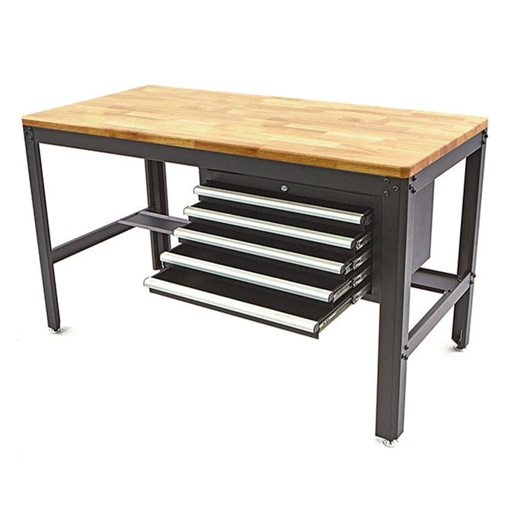 Banc de lucru metalic profesional cu 5 sertare si blat de lemn 155 cm