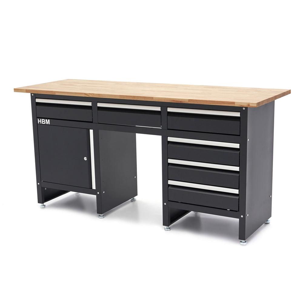 Banc de lucru negru cu 6 sertare, 1 usa si blat din lemn masiv – 171 cm, HBM MACHINES, premium, OLANDA