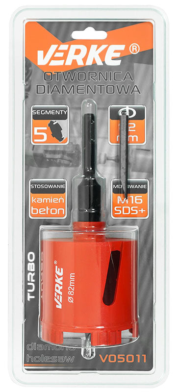 Carota diamantata 82mm VERKE - 5 segmente turbo, m16 SDS PLUS pentru beton si caramida