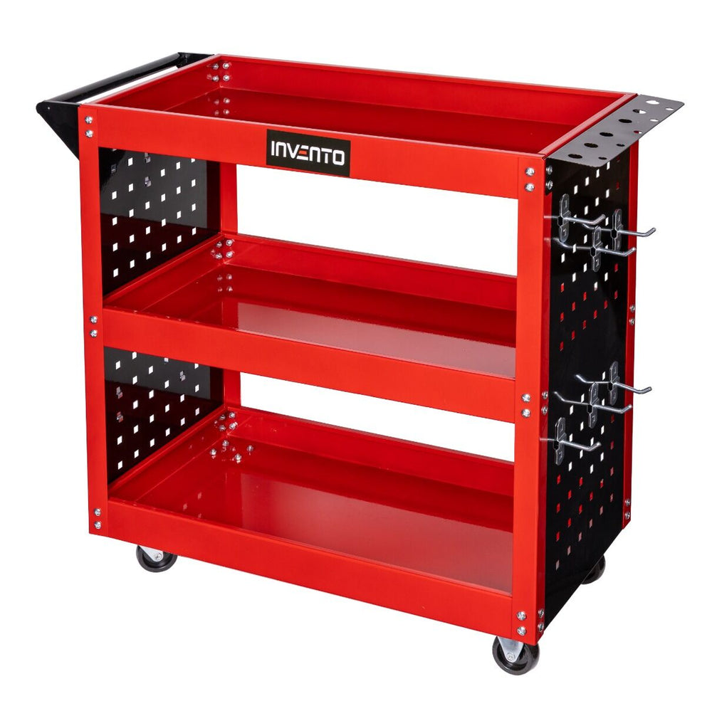 Carucior mobil pentru scule INVENTO 3 rafturi suport pentru surubelnite si panou lateral cu carlige – 78 x 35 x 75.5 cm