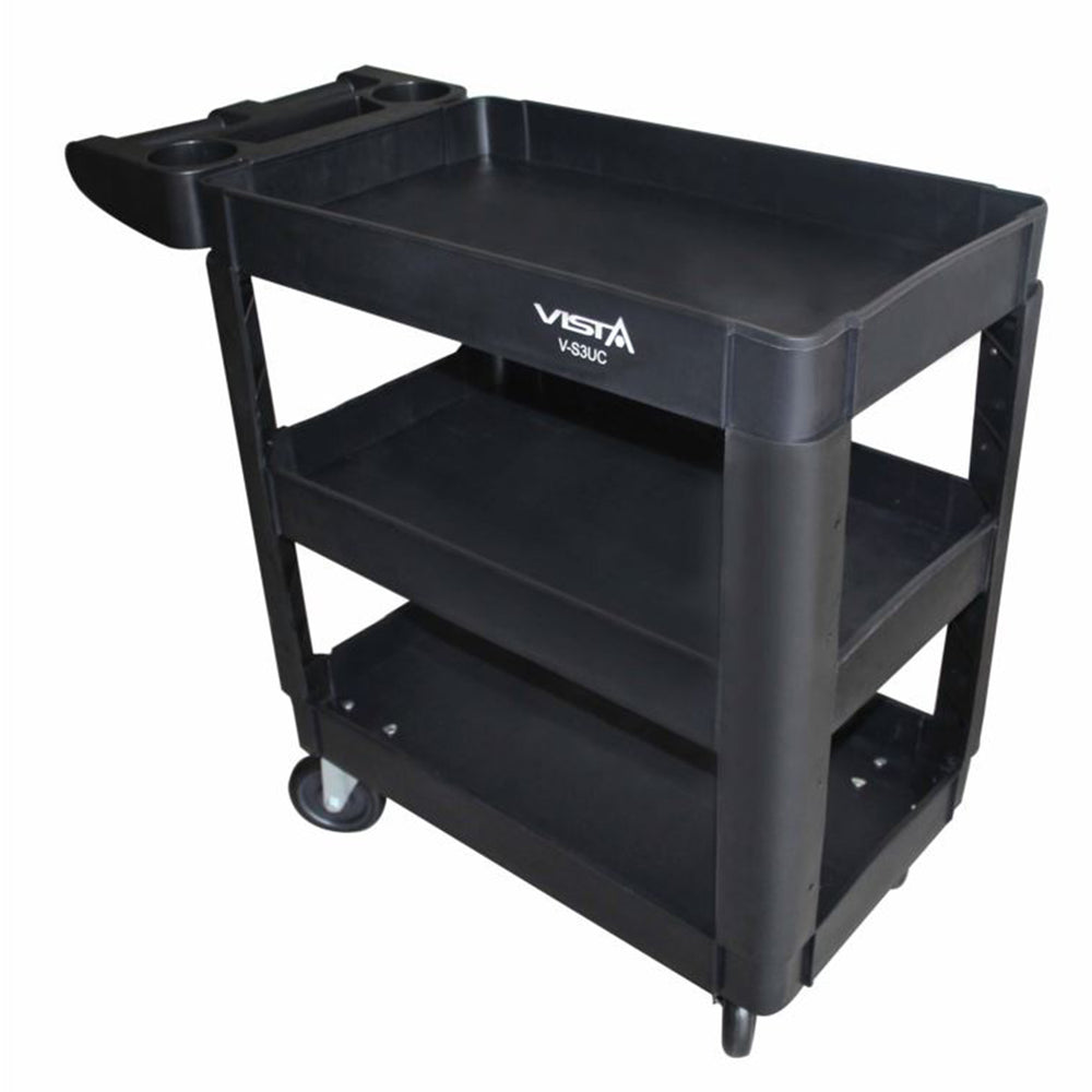 Carucior mobil pentru scule, plastic rezistent, 3 rafturi, 250 kg, cu manere si roti pivotante , dimensiuni 69.5×41×90.5 cm