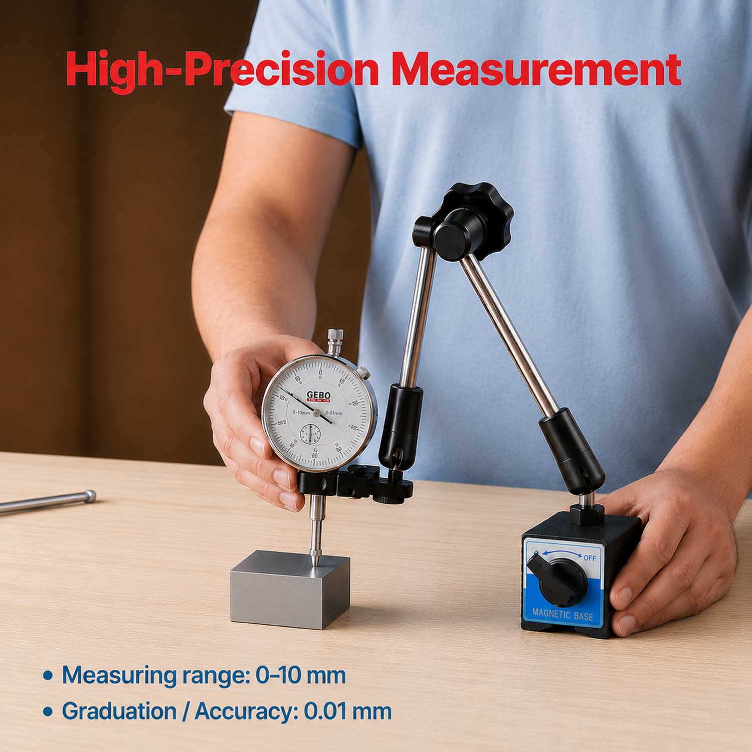Ceas comparator 0-10mm cu baza suport magnetic GEBO TOOLS