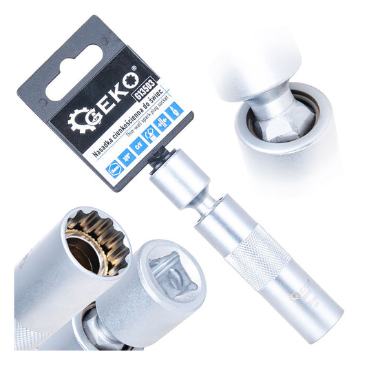 Cheie tubulara bujii 16mm 3/8 cu articulatie cardanica, pereti subtiri CRV - GEKO