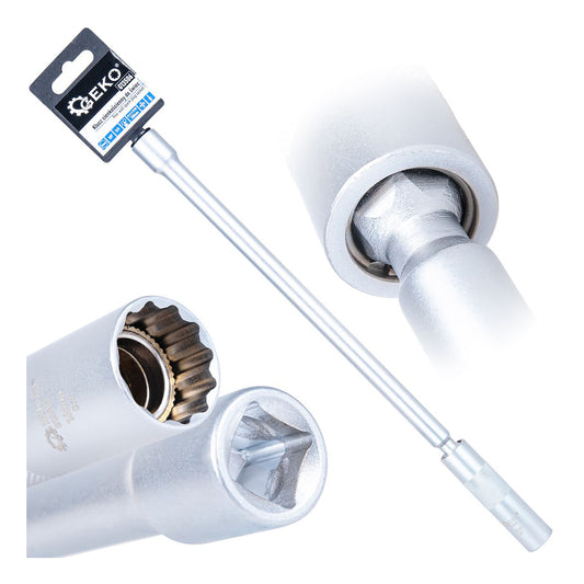 Cheie tubulara lunga pentru bujii 14mm 3/8 310 mm, cu articulatie cardanica, pereti subtiri CRV - GEKO