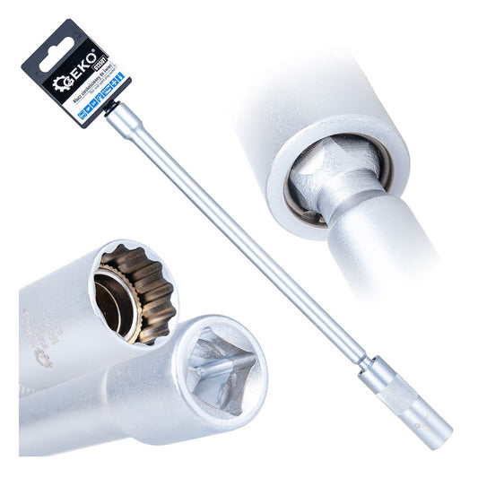 Cheie tubulara lunga pentru bujii 16mm 3/8 310 mm, cu articulatie cardanica, pereti subtiri CRV - GEKO