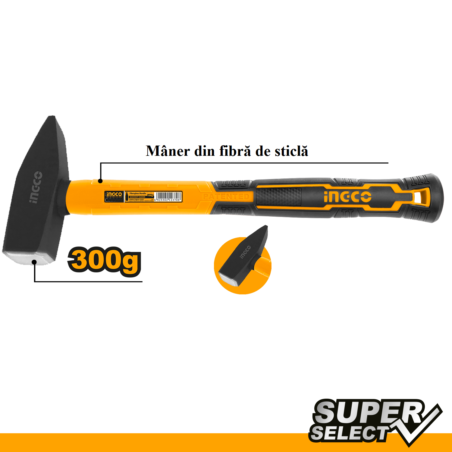 Ciocan cu maner din fibra de sticla 300g INGCO