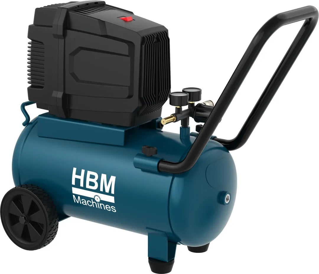 COMPRESOR HBM OLANDA 24L FARA ULEI, 8-10 BAR, 140 L/MIN, PORTABIL PE ROTI, SILENTIOS, INTRETINERE REDUSA