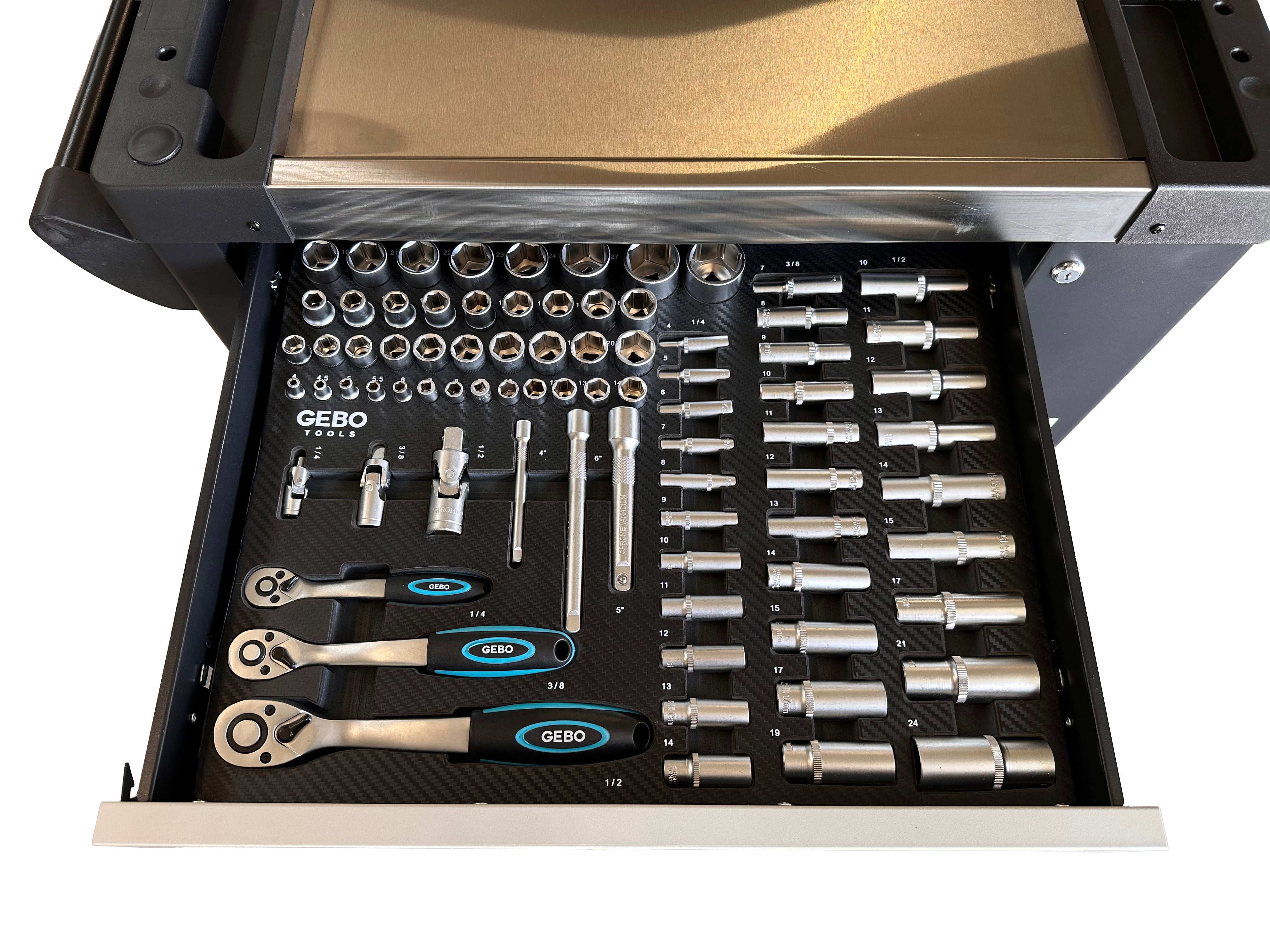 Dulap de scule echipat profesional cu 7 sertare 7 module carbon 262 piese GEBO TOOLS