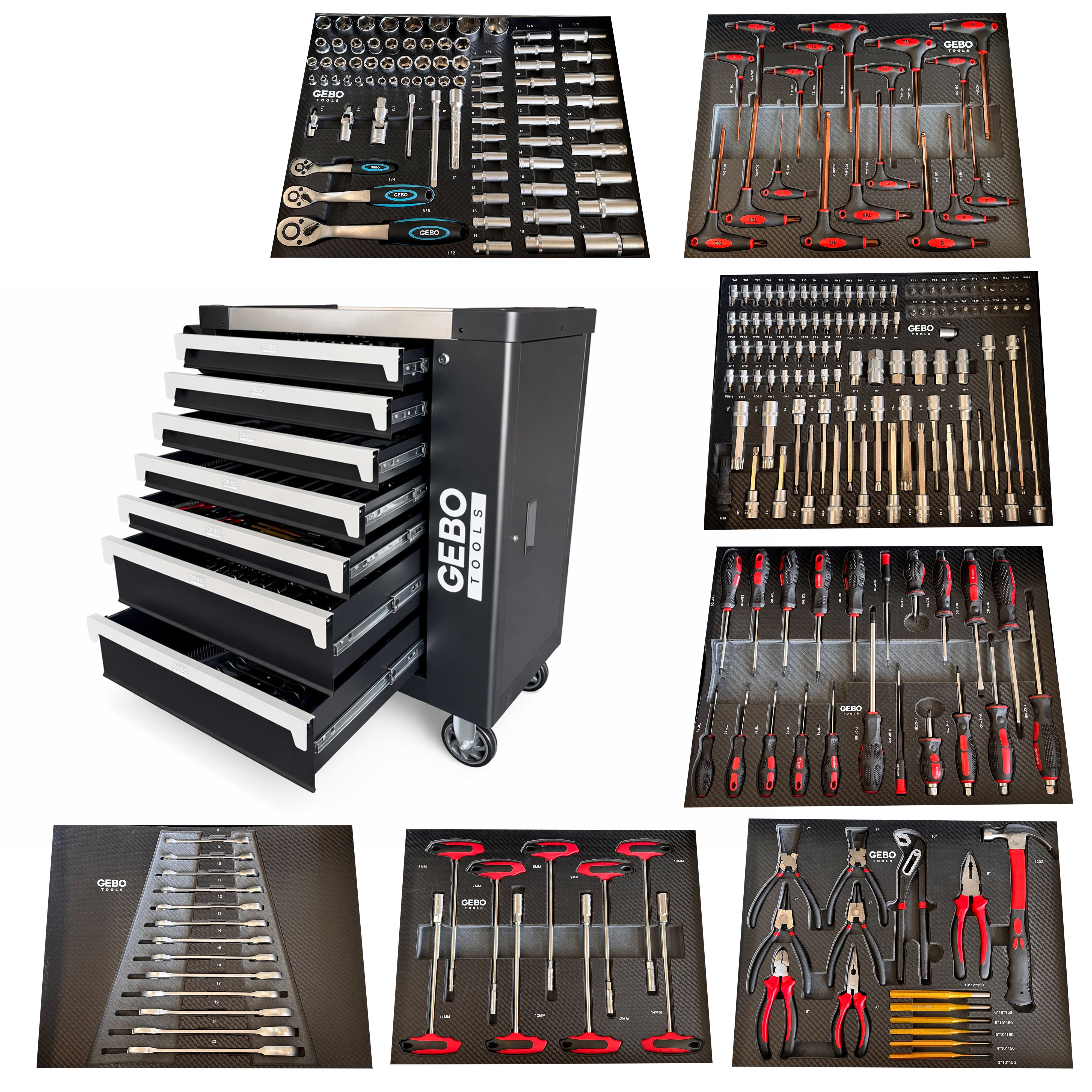 Dulap de scule echipat profesional cu 7 sertare 7 module carbon 262 piese GEBO TOOLS