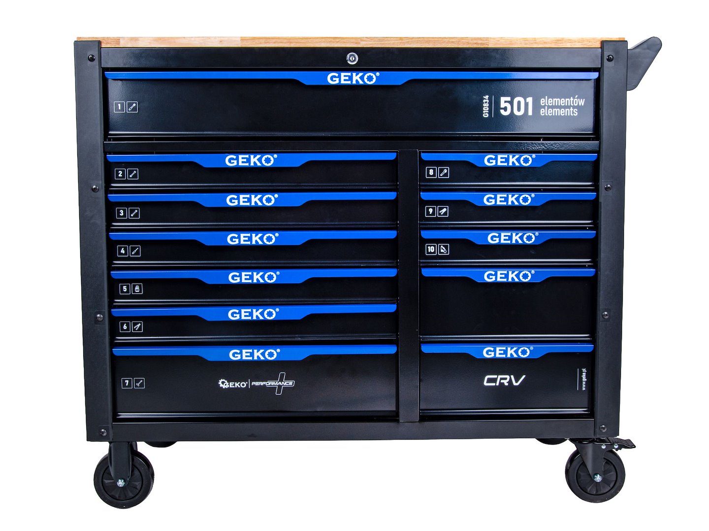 Dulap de scule GEKO cu 12 sertare, echipat cu 501 piese, 10 module carbon