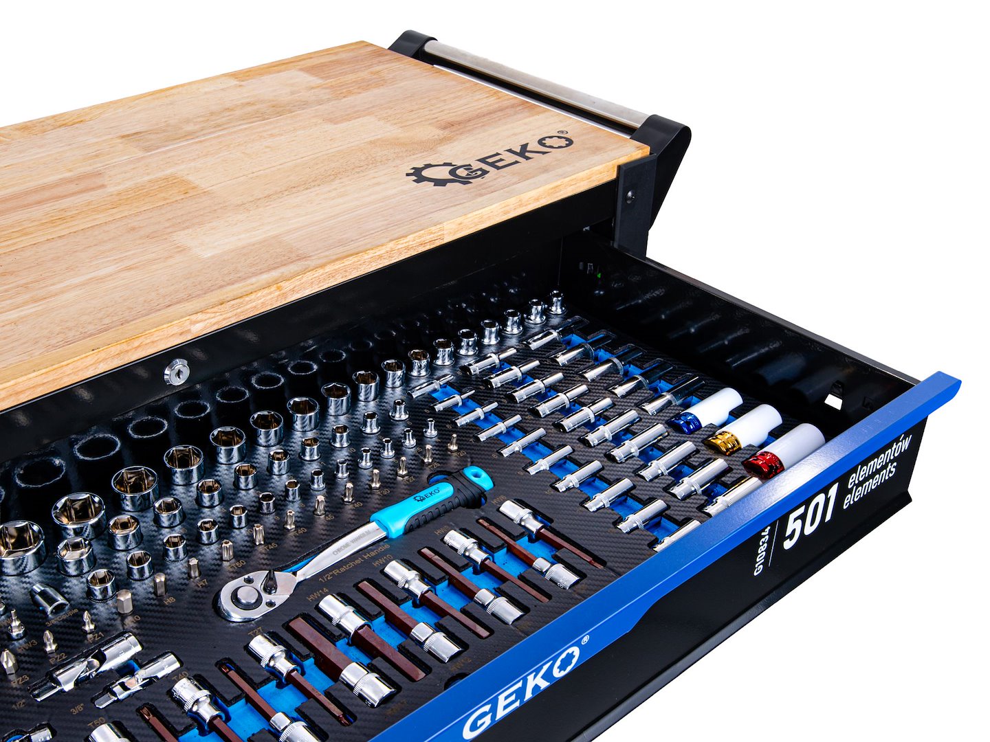 Dulap de scule GEKO cu 12 sertare, echipat cu 501 piese, 10 module carbon