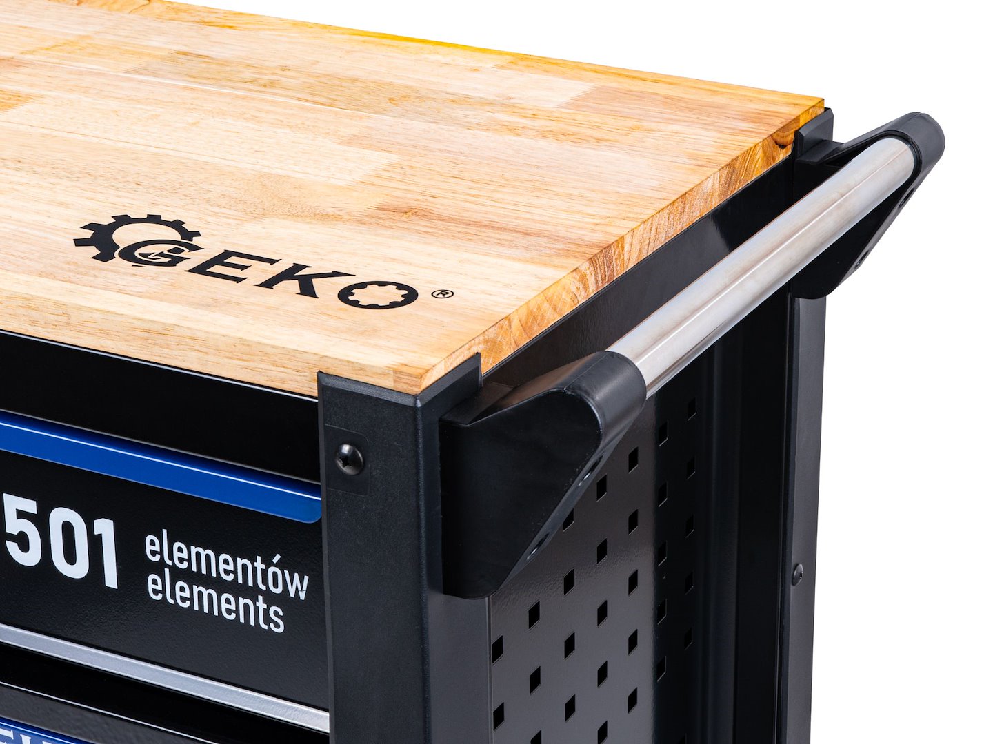 Dulap de scule GEKO cu 12 sertare, echipat cu 501 piese, 10 module carbon