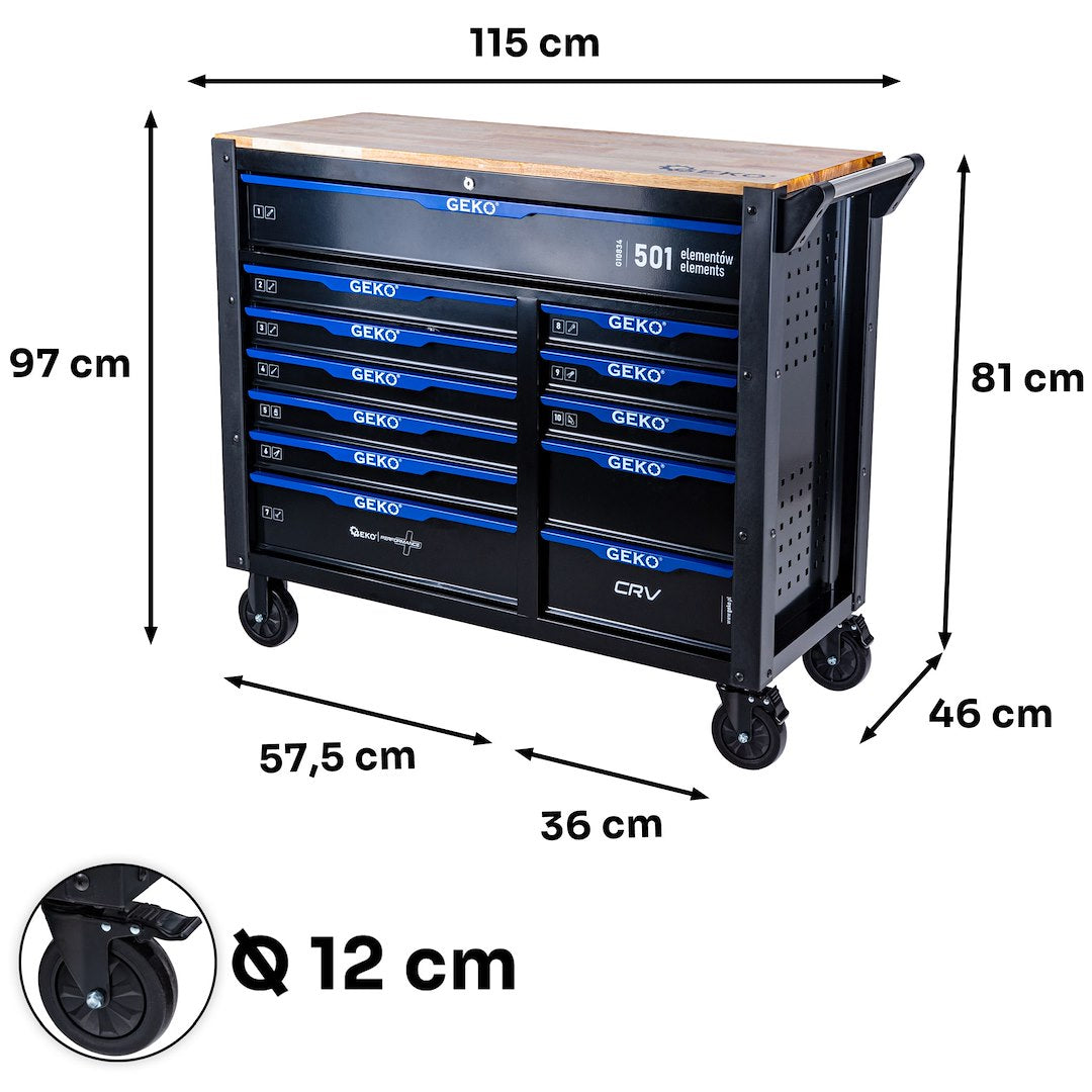 Dulap de scule GEKO cu 12 sertare, echipat cu 501 piese, 10 module carbon