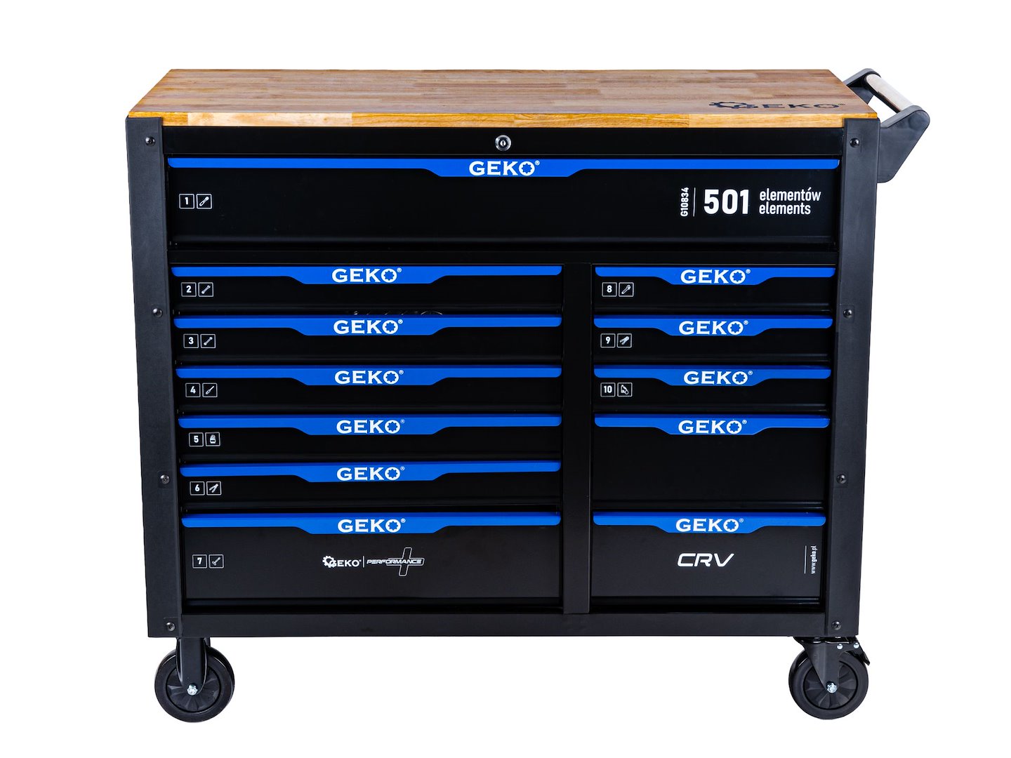 Dulap de scule GEKO cu 12 sertare, echipat cu 501 piese, 10 module carbon