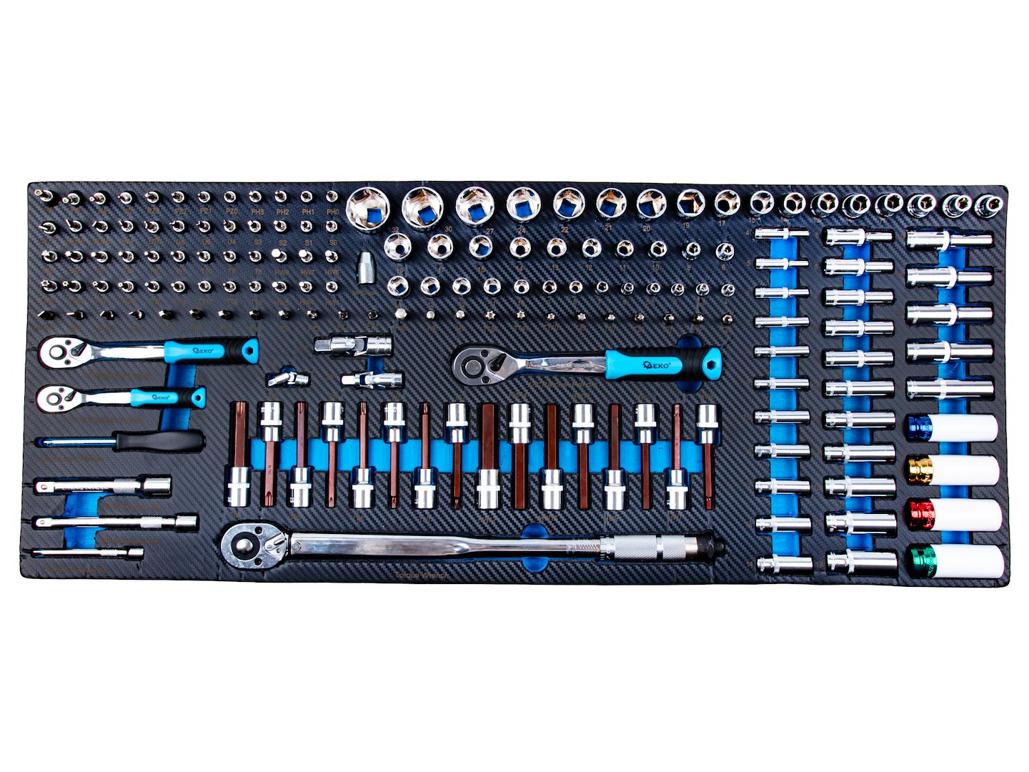 Dulap de scule GEKO cu 12 sertare, echipat cu 501 piese, 10 module carbon