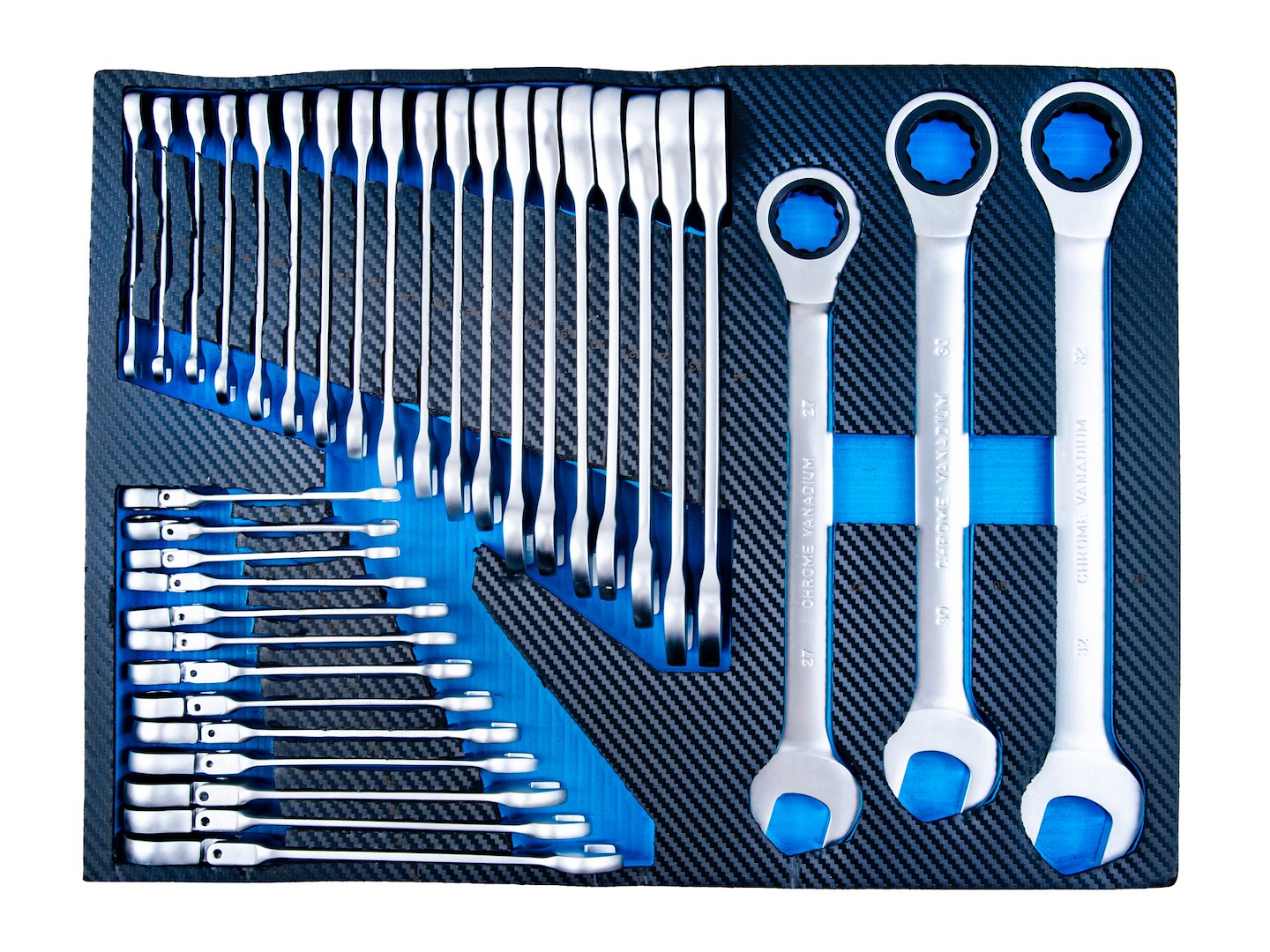 Dulap de scule GEKO cu 12 sertare, echipat cu 501 piese, 10 module carbon