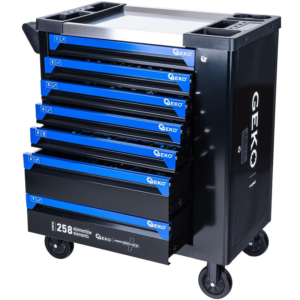 Dulap de scule GEKO cu 7 sertare, echipat cu 258 piese, 7 module carbon