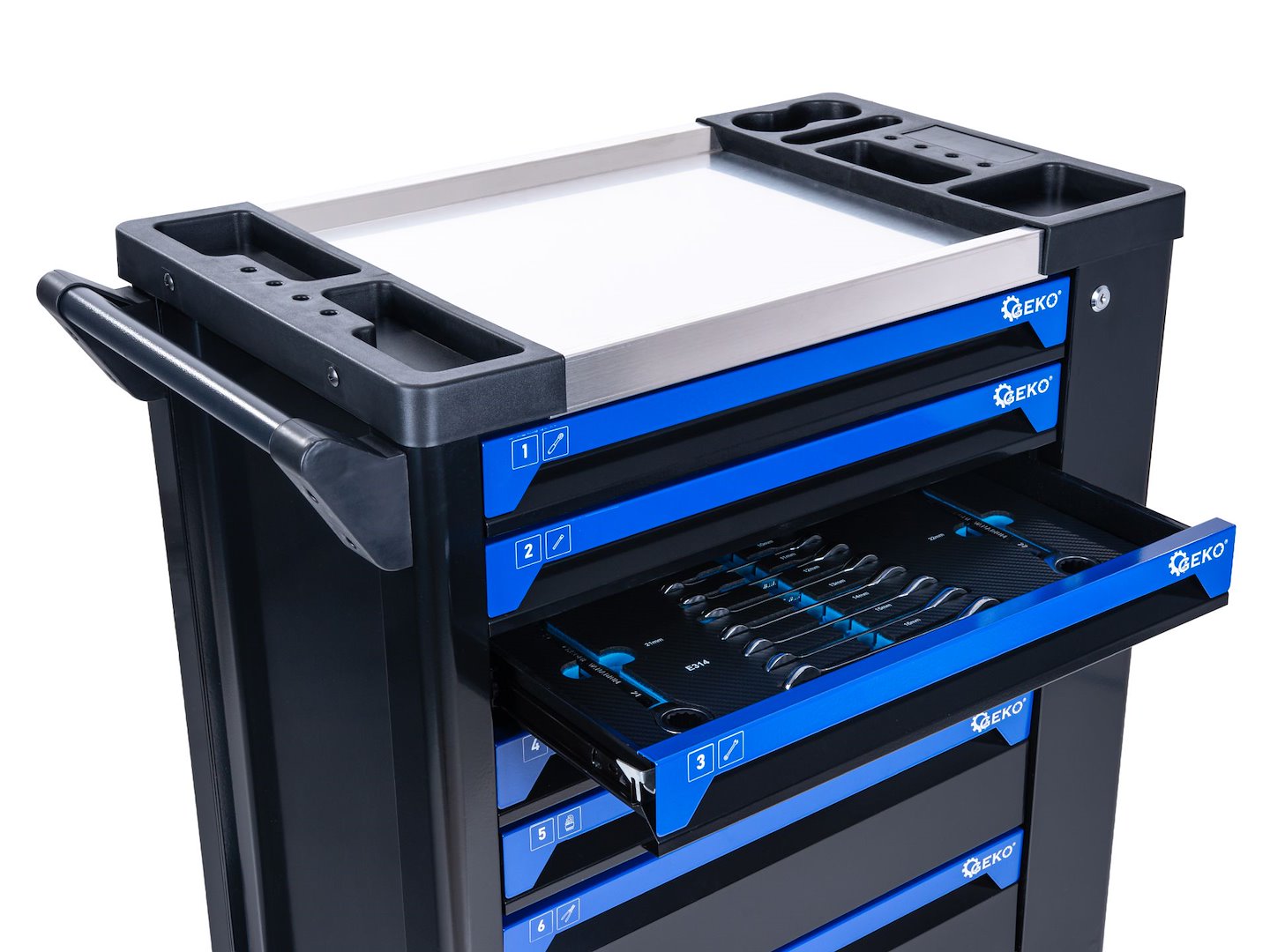 Dulap de scule GEKO cu 7 sertare, echipat cu 258 piese, 7 module carbon