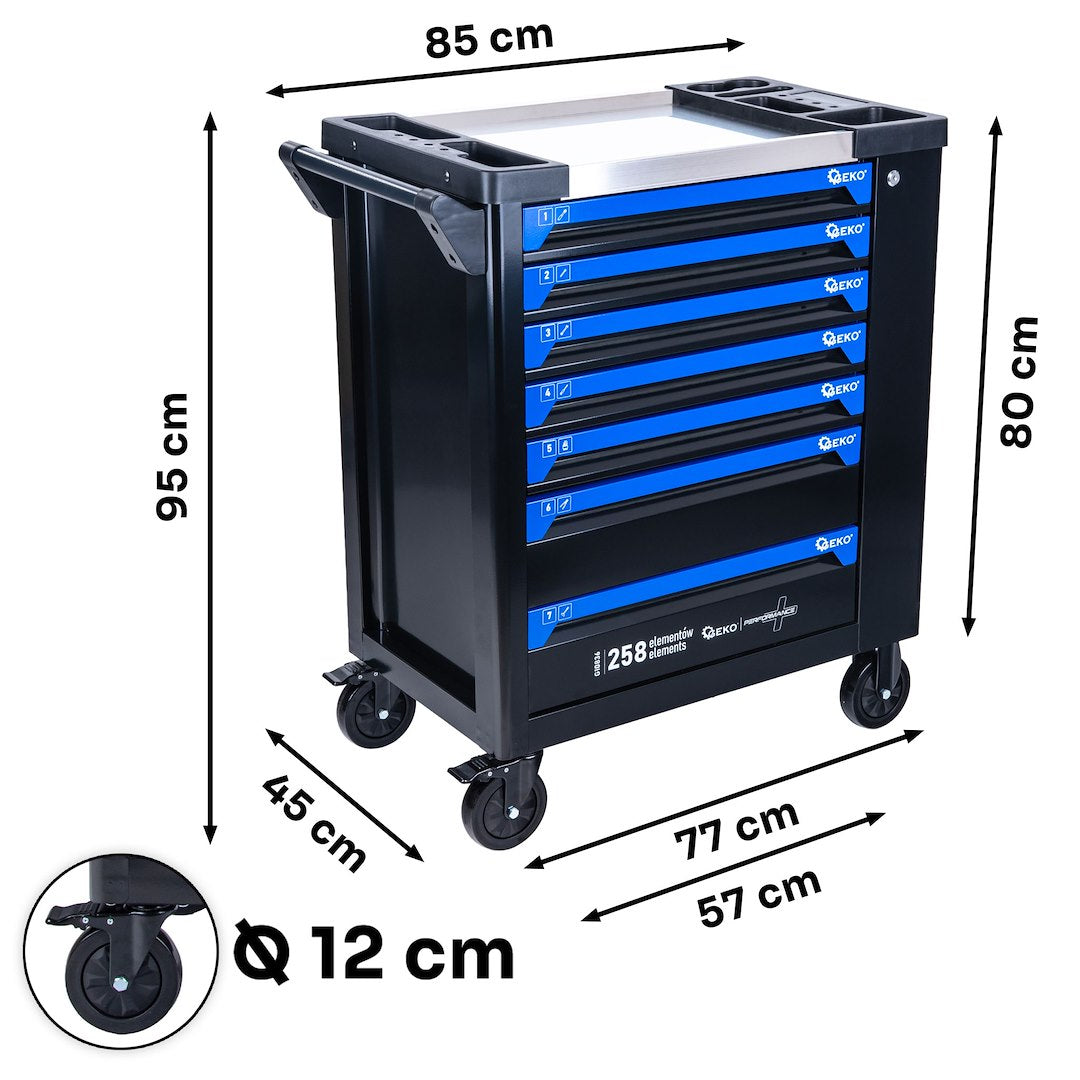 Dulap de scule GEKO cu 7 sertare, echipat cu 258 piese, 7 module carbon
