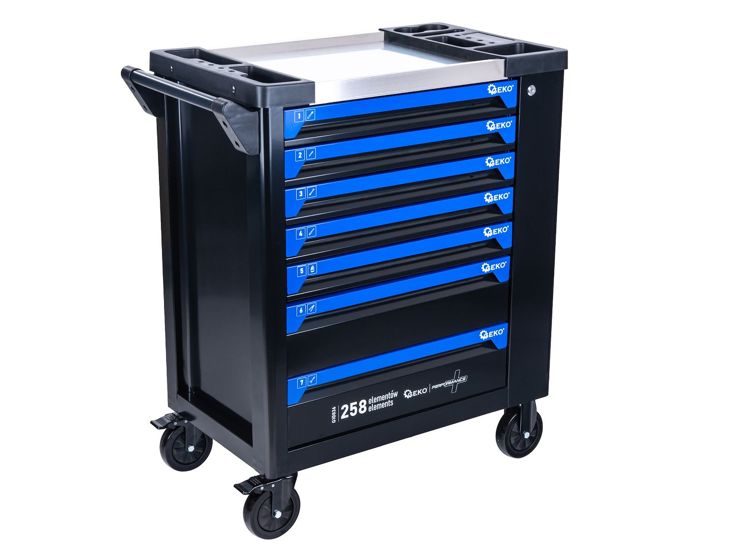 Dulap de scule GEKO cu 7 sertare, echipat cu 258 piese, 7 module carbon