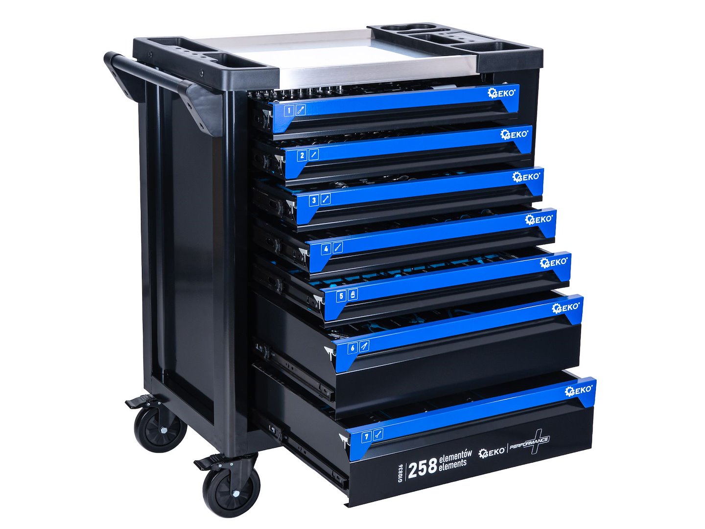 Dulap de scule GEKO cu 7 sertare, echipat cu 258 piese, 7 module carbon