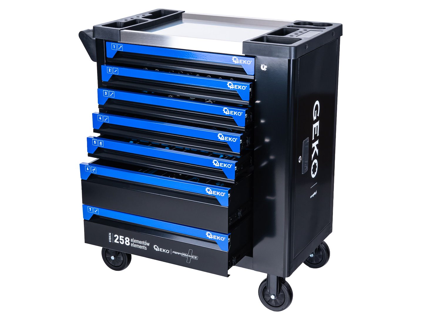 Dulap de scule GEKO cu 7 sertare, echipat cu 258 piese, 7 module carbon